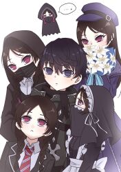  ... 1boy 5girls absurdres bbbbb_sc black_eyes bouquet braid clone_harem closed_mouth commentary_request fate/strange_fake fate_(series) hat highres holding holding_bouquet hood hood_up lapels light_blush looking_at_another low_twin_braids maid mask mouth_mask multiple_girls multiple_persona necktie no_name_assassin_(fate) no_pupils notched_lapels official_alternate_costume parted_hair pink_eyes red_necktie sigma_(fate) speech_bubble sweatdrop twin_braids 