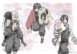  3boys 3girls artist_name baggy_pants bandages_over_mouth black_eyes black_hair black_pants black_skirt black_socks bow butterfly_hair_ornament butterfly_print_haori carrying carrying_over_shoulder carrying_person closed_eyes closed_mouth commentary covered_mouth demon_slayer_uniform green_thighhighs grey_hair hair_bow hair_ornament haori highres iguro_obanai japanese_clothes kaburamaru kanroji_mitsuri kimetsu_no_yaiba kochou_kanae kochou_shinobu leg_up long_hair long_sleeves looking_to_the_side multiple_boys multiple_girls pants parted_bangs piggyback pink_hair princess_carry print_haori purple_bow ribbed_thighhighs sandals shinazugawa_sanemi short_hair signature skirt sleeping snake socks striped_haori tabi thigh-highs tomioka_giyuu tora3tiger4 tri_braids walking white_snake yellow_eyes 