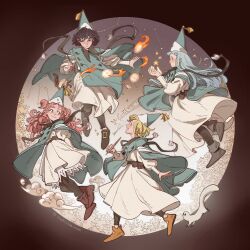  4girls absurdres agott_arklaum_(tongari_boushi_no_atelier) black_hair blonde_hair blue_eyes blue_hair brushbuddy chakichakiman cloak coco_(tongari_boushi_no_atelier) creature flying hat highres long_hair multiple_girls pink_eyes pink_hair qifrey's_atelier_apprentice_uniform richeh_(tongari_boushi_no_atelier) short_hair tetia_(tongari_boushi_no_atelier) tongari_boushi_no_atelier wizard_hat 
