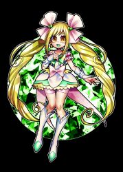  1girl black_background blonde_hair bow choker commentary_request cure_echo earrings english_commentary hair_ornament heart heart_hair_ornament jewelry magical_girl mixed-language_commentary open_mouth orange_eyes pink_bow pink_choker precure precure_all_stars precure_all_stars_new_stage:_mirai_no_tomodachi sakagami_ayumi senmu_(0107) simple_background smile solo star_(symbol) star_earrings twintails two-tone_bow 