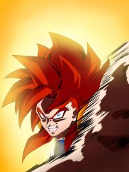  1boy absurdres blue_eyes dragon_ball dragon_ball_gt gogeta highres looking_at_viewer metamoran_vest muscular nickroseflow non-web_source pants saiyan spiky_hair super_saiyan super_saiyan_4 