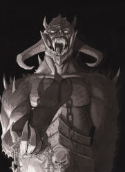  1boy black_background chain claws commentary cowboy_shot daedra demon demon_boy english_commentary facing_viewer fangs greyscale highres holding holding_chain horns molag_bal monochrome muscular muscular_male no_pupils open_mouth sharp_teeth sickjoe skull spiked_chain spikes teeth the_elder_scrolls the_elder_scrolls_online white_eyes 