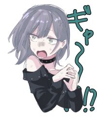  !? 1girl bang_dream! bang_dream!_our_notes black_choker black_dress bmkofsfbf587292 choker dress green_eyes highres long_sleeves medium_hair o-ring o-ring_choker off-shoulder_dress off_shoulder open_mouth shirt simple_background solo surprised teeth upper_body white_background wide-eyed wolf_cut yakura_yomogi 