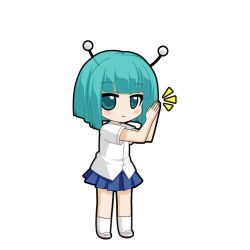  1girl andromedako andromedako_(cosplay) antennae aqua_eyes aqua_hair black_outline blue_skirt blunt_bangs blunt_ends blush bob_cut chibi chibi_only clapping closed_mouth cosplay expressionless full_body game_asset hatsune_miku hatsune_miku_graphy_collection light_frown looking_at_viewer nayutalien outline pleated_skirt school_uniform shirt shoes short_sleeves skirt socks solo standing transparent_background uwabaki vocaloid white_shirt white_socks 