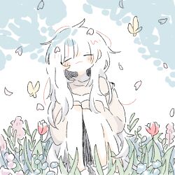  1girl :3 bug butterfly closed_mouth commentary_request facing_viewer falling_petals flower highres long_hair long_sleeves nana163i original petals plant red_flower red_tulip sleeves_past_fingers sleeves_past_wrists solo tree_shade tulip white_background yellow_butterfly 