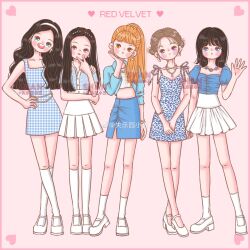  5girls black_hair blue_eyes blue_skirt blunt_bangs brown_hair double_bun dress full_body group_name hair_bun hand_on_own_hip heart high_ponytail highres irene_(red_velvet) joy_(red_velvet) kneehighs long_hair medium_hair multiple_girls orange_eyes orange_hair pink_background ponytail puffy_short_sleeves puffy_sleeves red_velvet_(group) seulgi_(red_velvet) shoes short_sleeves skirt socks wendy_(red_velvet) white_shoes white_skirt white_socks wshanshanz yeri_(red_velvet) 