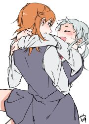  2girls arashi_chisato closed_eyes commentary_request couple dress grey_dress hair_bun highres hug long_sleeves love_live! love_live!_superstar!! medium_hair multiple_girls open_mouth orange_hair pinafore_dress school_uniform shibuya_kanon shirt signature simple_background sleeveless sleeveless_dress surfacedxxc violet_eyes white_background white_shirt yuigaoka_school_uniform yuri 