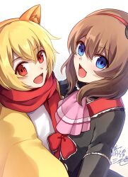  1boy 1girl :d animal_ears anri_mike ascot black_dress blonde_hair blue_eyes brown_hair cat_ears commentary_request dress hair_between_eyes headband highres looking_at_viewer maria_(umineko) open_mouth oversized_clothes pink_ascot red_eyes red_headband red_sash red_scarf sakutarou_(umineko) sash scarf short_hair signature smile umineko_no_naku_koro_ni ushiromiya_maria white_background 