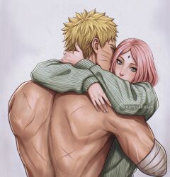  1boy 1girl blonde_hair boruto:_naruto_next_generations boruto_(series) facial_mark haruno_sakura hug multiple_scars muscular muscular_male narusakuart1 naruto_(series) pink_hair scar spiky_hair uzumaki_naruto whisker_markings 