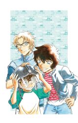  1girl 2boys ;) aoyama_goushou black-framed_eyewear black_hair blue_background blue_eyes blue_jacket blue_pants blue_vest border brown_hair cropped_legs edogawa_conan glasses grin hand_on_another's_head hand_on_own_hip hands_on_headwear helmet highres jacket leather leather_jacket long_sleeves looking_at_another looking_to_the_side meitantei_conan multiple_boys non-web_source official_art okiya_subaru one_eye_closed painting_(medium) pants red_shirt sera_masumi shirt short_hair short_sleeves smile striped_clothes striped_shirt sweatdrop t-shirt teeth traditional_media vest watercolor_(medium) white_border 
