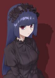  1girl absurdres black_dress black_headdress blue_hair blunt_bangs blunt_ends breasts character_request closed_mouth commentary_request copyright_request dress eyelashes headdress highres kurahashi_yuuto long_hair looking_at_viewer medium_breasts pink_lips puffy_sleeves red_background red_eyes red_pupils solo upper_body 