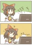  ? bow brown_eyes brown_hair comic commentary_request controller detached_sleeves game_controller hair_bow hakurei_reimu head_tilt lowres miko natsue playing_games touhou 