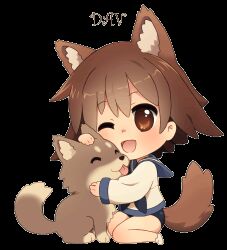  1girl ;d ^_^ animal_ears animal_hug animated animated_gif baby_animal blue_sailor_collar blush brown_hair chibi chibi_only closed_eyes commentary dav-19 dog dog_ears dog_girl dog_tail english_commentary kneeling looping_animation lowres miyafuji_yoshika one_eye_closed puppy sailor_collar school_uniform serafuku shirt short_hair smile solo strike_witches tail tail_wagging tongue tongue_out transparent_background white_shirt world_witches_series 