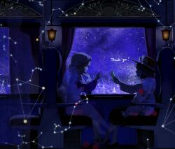 2girls black_hat black_skirt blonde_hair bow brown_hair closed_mouth commission constellation constellation_request curtains dress fedora ghost hat hat_bow hat_ribbon kaigen_1025 long_sleeves maribel_hearn medium_hair mob_cap multiple_girls open_mouth pointing purple_dress purple_shoes purple_sky ribbon scorpius_(constellation) shoes sitting skeb_commission skirt sky socks star_(sky) starry_sky touhou train_interior usami_renko white_bow white_ribbon white_socks window 