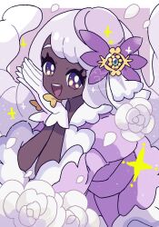  1girl :d border bow commentary_request dark-skinned_female dark_skin dress falling_petals fascinator flower glove_bow gloves highres jacinthe_(pokemon) long_hair long_sleeves looking_at_viewer low_drills open_mouth petals pokemon pokemon_legends:_z-a purple_background purple_dress purple_hair rose simple_background smile solo sparkle upper_body violet_eyes white_border white_flower white_gloves white_rose yellow_bow yoshishi_(yosisitoho) 