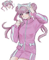  1girl absurdres alternate_costume animal_ear_headphones animal_ears cat_ear_headphones cat_ears chibi closed_mouth double_bun fake_animal_ears flying_sweatdrops hair_bun headphones highres jacket long_hair long_sleeves looking_at_viewer otomegmefoxy pink_eyes pink_hair pink_jacket pink_shorts pocket shorts simple_background smile solo the_hundred_line_-last_defense_academy- track_jacket tsukumo_kako twintails white_background 