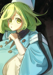  1girl cloak coco_(tongari_boushi_no_atelier) commentary green_eyes green_hair hat highres labbilatta_39 looking_at_viewer open_mouth qifrey's_atelier_apprentice_uniform short_hair solo tongari_boushi_no_atelier wizard_hat 