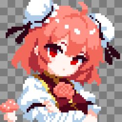  1girl bandaged_arm bandages blush bun_cover commentary_request cuffs double_bun flower hair_bun highres ibaraki_kasen looking_at_viewer pink_hair pixel_art red_eyes rose short_hair short_sleeves solo tabard takeez3 touhou 