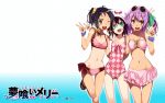  :d ;d bandeau bikini black_hair brown_eyes casual_one-piece_swimsuit checkered checkered_swimsuit fang front-tie_top green_eyes highres kounagi_yui long_hair merry_nightmare multiple_girls navel official_art one-piece_swimsuit open_mouth ponytail purple_hair ribbon sandals short_hair side_ponytail smile sunglasses sunglasses_on_head swimsuit tachibana_isana tan tanline ushiki_yoshitaka v wallpaper wink yumekui_merry 