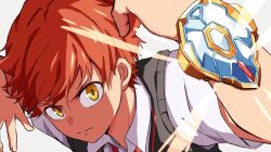  1boy acceptor closed_mouth collared_shirt commentary glowing gridman_universe hibiki_yuuta highres long_sleeves looking_at_viewer male_focus nanay0n_74 necktie red_hair school_uniform shirt short_hair short_sleeves ssss.gridman tokusatsu white_shirt wing_collar yellow_eyes zooming_in 
