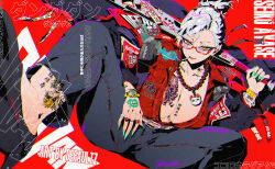  1girl absurdres aqua_nails artist_name ayase_seiko bandaid_on_wrist baseball_bat bead_necklace beads belt black_jacket black_pants black_shoes bracelet breast_tattoo character_charm character_name charm_(object) cigarette collarbone collarbone_tattoo copyright_name dandadan defaultz earrings gem gold_bracelet gold_earrings gold_wristwatch grey_belt grey_hair hand_tattoo highres holding holding_baseball_bat index_ring inverted_colors jacket jewelry leg_tattoo middle_ring mixed-language_text necklace ofuda pants pinky_ring red-framed_eyewear red_gem red_lips red_shirt shirt shoes silver_bracelet skull_ring smoking sos spider_tattoo squatting tattoo tiger_tattoo turbo_granny_(dandadan) wrist_tattoo yellow_eyes 