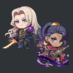  1boy 1girl answerer_(weapon) armor black_armor black_cape blonde_hair blue_hair breasts bright_pupils cape crescent crescent_earrings dark-skinned_female dark_skin dietrich_(fire_emblem) earrings fire_emblem fire_emblem:_fortune's_weave gold_earrings green_eyes high_ponytail holding holding_sword holding_weapon jewelry kaijuicery leda_(fire_emblem) long_hair parted_hair pauldrons ponytail shoulder_armor sword weapon 