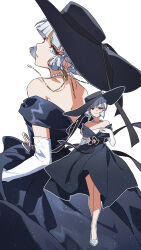  1girl absurdres alternate_costume alternate_hairstyle arm_behind_back bare_shoulders black_dress black_hat blue_eyes blue_hair blunt_tresses chinese_commentary closed_mouth commentary_request dress elbow_gloves genshin_impact gloves hair_ornament hand_up hat highres jewelry kamisato_ayaka looking_at_viewer multiple_views necklace parted_lips shoes short_hair simple_background smile standing sylvia_(huajiuhuajiu) white_background white_gloves white_shoes 