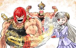  1boy 2boys 2girls 3girls beard biceps black_tank_top blonde_hair chain chain_necklace chibi crossover crown facial_hair fingerless_gloves fist_bump flexing gloves gold_chain grin hairpods heart heart_hands heart_in_mouth ingrid_(capcom) jewelry kicdon long_hair manly marisa_(street_fighter) monoid_(street_fighter) multiple_boys multiple_girls muscular muscular_female muscular_male necklace on_head one_eye_closed open_mouth red_eyes red_hair short_hair skirt smile street_fighter street_fighter_6 tank_top veins white_gloves white_hair zangief 