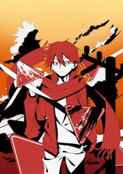  1boy alternate_hair_color closed_mouth clouds commentary_request cowboy_shot evening fringe_trim frown golden_hour gradient_sky hair_between_eyes irone_5392 jacket kagerou_days_(vocaloid) kagerou_project kisaragi_shintarou long_sleeves looking_to_the_side male_focus multicolored_sky open_clothes open_jacket orange_sky outdoors paint_splatter pants partial_commentary partially_colored power_lines red_eyes red_hair red_jacket red_scarf red_sky road_sign scarf shirt short_hair sign sky solo_focus stop_sign track_jacket unhappy utility_pole warm_colored yellow_sky 