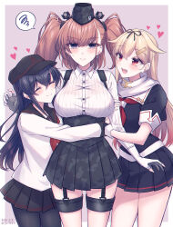  3girls akatsuki_(kancolle) akatsuki_kai_ni_(kancolle) arm_hug atlanta_(kancolle) black_hair black_hat black_pantyhose black_serafuku black_shirt black_skirt blonde_hair breasts brown_hair closed_eyes commentary_request dress_shirt earrings flat_cap garrison_cap garter_straps girl_sandwich gloves gradient_hair grey_eyes hair_flaps hat high-waist_skirt highres historical_connection hug jewelry kabocha_torute kantai_collection large_breasts long_hair long_sleeves looking_at_viewer multicolored_hair multiple_girls neckerchief pantyhose partially_fingerless_gloves pleated_skirt red_eyes red_neckerchief sailor_collar sandwiched scarf school_uniform serafuku shirt single_earring skirt spoken_squiggle squiggle star_(symbol) star_earrings suspender_skirt suspenders thigh_strap two_side_up white_sailor_collar white_scarf white_shirt yuudachi_(kancolle) yuudachi_kai_ni_(kancolle) 