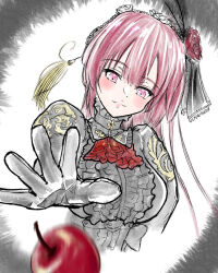  1girl apple arm_at_side ascot assault_lily belt blush center_frills commentary_request cropped_arms cropped_torso flower food frilled_shirt frilled_shirt_collar frills fruit gloves gozen_(assault_lily) grey_background grey_belt grey_gloves grey_shirt h_popowa hair_flower hair_ornament hair_ribbon hairband hand_up high-waist_belt high_collar juliet_sleeves long_hair long_sleeves looking_at_food motion_blur open_hand outstretched_arm parted_lips pink_eyes pink_hair puffy_sleeves reaching red_ascot red_flower red_rose ribbon rose shirt solo two-tone_background upper_body white_background 