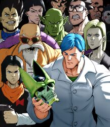  2girls 6+boys android_17 android_18 angry antennae aqua_hair bald bead_necklace beads beard black_eyes black_hair blonde_hair blue_eyes blue_hair blue_nails bulma cell_(dragon_ball) chaozu clenched_teeth closed_eyes closed_mouth colored_skin commentary domino_mask dragon_ball dragon_ball_z earrings english_commentary evil_smile eye_mask facial_hair father_and_child father_and_daughter father_and_son frown glasses goketerhc green_skin gun handgun highres holding holding_gun holding_mask holding_weapon jewelry lab_coat looking_at_viewer male_focus manly mask meme multiple_boys multiple_girls muscular muscular_male mustache muten_roushi nail_polish neckerchief necklace old old_man open_mouth orange_neckerchief pan_(dragon_ball) parent_and_child pearl_necklace perfect_cell piccolo pointy_ears saiyan_armor serious shirt short_hair skull skull_necklace smile son_gohan sunglasses teeth tenshinhan twitter_username unworn_mask vegeta viltrumite_group_shot_(meme) weapon wrinkled_skin yamcha 