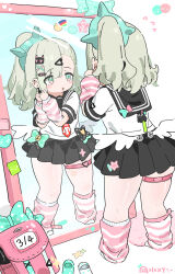 1girl absurdres arm_warmers bag bandaid bangboo_(zenless_zone_zero) belt black_dress black_skirt blush bow commentary dress earrings green_bow green_hair hair_ornament hairband hairclip heart highres jewelry leg_warmers miniskirt mirror multicolored_eyes no_shoes open_mouth pink_bag ponytail reflection school_uniform serafuku skirt sticker sunna_(zenless_zone_zero) thigh_belt thigh_strap thighs translation_request white_wings wings zenless_zone_zero zhishuixy
