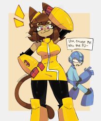  1boy 1girl :3 android animal_ears animal_nose arm_cannon bare_shoulders black_pants blue_bodysuit blue_gloves blue_helmet bodysuit border breasts brown_hair cat_ears cat_girl cat_tail censored_profanity commentary cowboy_shot cropped_legs crossover east-west_crossover english_commentary english_text furry furry_female gameoverse gloves goggles goggles_on_head helmet highres kit_(gameoverse) looking_at_another looking_at_viewer medium_breasts medium_hair mega_man_(character) mega_man_(classic) mega_man_(series) notice_lines outside_border pants red_eyes robot_ears simple_background siris_the_virus smoke smoking_barrel snout speech_bubble standing tail torn_clothes twitter_username weapon whiskers white_border yellow_background yellow_gauntlets 