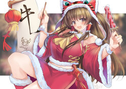  2021 :d adapted_costume ascot blush boots breasts brown_eyes brown_hair chinese_knot chinese_new_year clothing_request detached_sleeves frilled_hair_tubes frills hair_tubes hakurei_reimu hat holding holding_pen kevn long_hair mixed-language_commentary open_mouth pen red_boots red_hat red_shirt red_skirt red_sleeves shirt skirt smile touhou translation_request very_long_hair winter_clothes yellow_ascot 