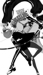  2girls armor arrow_(projectile) bow_(weapon) breasts commentary_request eye_contact fate/grand_order fate_(series) floating_hair fujimaru_ritsuka_(female) fujimaru_ritsuka_(female)_(mage's_association_uniform) hair_ornament highres holding holding_another's_waist holding_bow_(weapon) holding_weapon itoito_1983 japanese_armor large_breasts long_hair looking_at_another minamoto_no_raikou_(fate) minamoto_no_raikou_(third_ascension)_(fate) monochrome multiple_girls pantyhose quiver short_hair weapon white_background winged_hair_ornament 