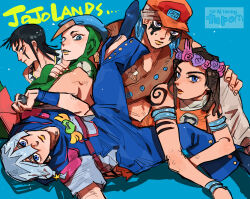  5boys arm_tattoo armlet baseball_cap belt beret black_hair blonde_hair blue_background blue_eyes blue_hair blue_hat blue_overalls bodysuit braid brothers brown_belt brown_hair charming_man commentary_request copyright_name dragona_joestar dreadlocks facepaint flower_wreath food_print green_bodysuit grey_hair grey_shirt hair_between_eyes hair_ornament hat head_wreath heart_ornament highres hood hood_down hooded_overalls ice_cream_print jewelry jodio_joestar jojo_no_kimyou_na_bouken lava_rock long_bangs looking_at_viewer lying multicolored_hair multiple_boys on_back orange_hat orange_shirt overalls paco_laburantes parted_bangs shirt short_hair short_sleeves shoulder_belt siblings side_braid single_braid sleeveless sleeveless_shirt star_(symbol) star_hair_ornament tapoemon tattoo the_jojolands two-tone_hair usagi_aloha'oe white_overalls wristband 