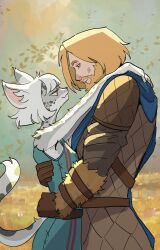  1boy 1girl absurdres animal_ears armor bare_arms basedbinkie beard blonde_hair breasts brown_gloves cat_ears cat_girl cat_tail commentary dress english_commentary eye_contact facial_hair full_beard furry furry_female furry_with_non-furry gloves height_difference hetero highres hug interspecies looking_at_another outdoors short_hair sleeveless sleeveless_dress small_breasts tail tail_through_clothes the_elder_scrolls the_elder_scrolls_v:_skyrim upper_body white_hair yellow_eyes 