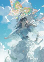  1girl animal_print bag bird black_hair blue_sash blue_sky blurry blurry_foreground butterfly_print chinese_commentary clouds cloudy_sky commentary_request cumulonimbus_cloud dress frilled_dress frills handbag holding holding_string kite kite_flying kite_string long_hair looking_to_the_side open_mouth original outdoors parted_hair pink_shawl pleated_dress sash shawl sky sleeveless sleeveless_dress solo spool string tassel walking white_bag white_bird white_dress white_shawl zzzi_gn 