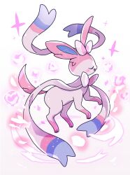  :d animal_focus blush_stickers bow closed_eyes commentary_request fang floating full_body highres looking_to_the_side no_humans open_mouth pink_fur pokemon pokemon_(creature) pokemon_focus ribbon simple_background smile solo sparkle sylveon two-tone_fur white_background white_fur yoshishi_(yosisitoho) 