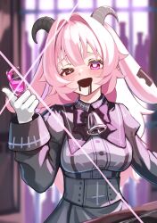  1girl :d absurdres animal_ears bar_(place) bell black_bow black_bowtie black_eyes black_skirt blurry blurry_background blush bow bowtie breasts commentary_request cross-shaped_pupils cup drink femme_soule gloves goat_ears goat_girl goat_horns grey_shirt hair_intakes heart heart-shaped_pupils heterochromia high-waist_skirt highres holding holding_cup horns indoors long_hair medium_breasts neck_bell open_mouth pink_eyes pink_hair pukey_goddess_shot_trick saliva saliva_trail shirt sidelocks sigma_1221 skirt smile solo symbol-shaped_pupils white_gloves 