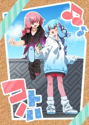  2girls :d absurdres adapted_costume black_hoodie black_shoes black_socks blue_hair blue_hoodie blue_pantyhose blush cellphone clouds commentary_request datemegane day eye_contact full_body hair_between_eyes highres holding holding_phone hood hood_down hoodie kotonoha_akane kotonoha_aoi long_hair long_sleeves looking_at_another multiple_girls musical_note open_mouth outdoors outline pantyhose phone pink_hair pink_pantyhose red_eyes shoes short_sleeves siblings sisters sitting smartphone smile socks standing voiceroid white_outline white_shoes white_socks 