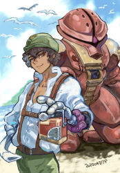  2025 acguy beach bird brown_hair clouds cloudy_sky commentary_request curly_hair daryl_lorenz dated flock flying gundam gundam_thunderbolt hat highres holding_radio kneeling looking_at_viewer mecha military_hat military_rank_insignia military_uniform mobile_suit ocean okrdisk2000 prosthesis prosthetic_arm radio robot sand science_fiction signature sky smirk suspenders upper_body water yellow_eyes zeon 