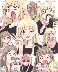  1girl ahoge blonde_hair bracelet brown_eyes brown_hair cho_kaguya-hime! closed_eyes commentary_request cropped_torso ehoumaki food grin highres holding holding_food jewelry kaguya_(cho_kaguya-hime!) long_hair makizushi multiple_views open_mouth rinncchiiiowo shaded_face smile sunglasses sushi tongue tongue_out twitter_username v white_background 