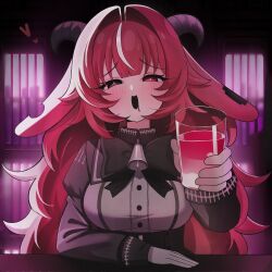  1girl :d absurdres animal_ears bell black_bow black_bowtie black_eyes blush bow bowtie breasts commentary cup desk drink femme_soule gloves goat_ears goat_horns hair_intakes half-closed_eyes highres holding holding_cup horns incoming_drink indoors korean_commentary looking_at_viewer lorian_(ahrs3558) medium_breasts multicolored_hair neck_bell open_mouth pukey_goddess_shot_trick red_eyes red_hair saliva saliva_trail shirt sidelocks sitting smile solo streaked_hair white_gloves white_shirt white_streaks 