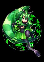  1girl bad_end_march bad_end_precure black_background black_bodysuit bodysuit closed_mouth commentary_request english_commentary fingerless_gloves gloves green_eyes green_hair mixed-language_commentary ponytail precure senmu_(0107) simple_background smile smile_precure! solo 