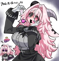  1girl animal_ears asymmetrical_horns backward-facing_horns bell black_bow black_bowtie black_eyes black_mouth black_skirt black_sleeves blush bow bowtie colored_saliva commentary_request cross cup drinking_glass drunk femme_soule fingernail_gloves goat_ears goat_horns halo heterochromia holding holding_cup horns inverted_cross kinkuri_(axsc8mjrt) liver long_hair long_sleeves looking_at_viewer mismatched_horns neck_bell notched_ear open_mouth pink_eyes pink_hair pukey_goddess_shot_trick revision shirt shot_glass sick skirt smile solo translated 
