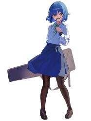  1girl blue_hair blue_shirt blue_skirt bocchi_the_rock! brown_pantyhose brown_shoes collared_shirt commentary_request full_body guitar_case hand_up highres holding_grass holding_instrument_case instrument_case long_sleeves looking_at_viewer mouth_hold pantyhose shirt shoes short_hair simple_background skirt solo stalk_in_mouth white_background yamada_ryo yellow_eyes zhileng_zhil 