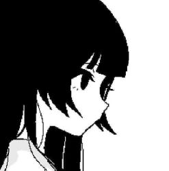  1girl black_eyes black_hair blunt_bangs colored_skin from_side greyscale hime_cut long_hair looking_ahead lowres monochrome nithzenithh no_mouth no_pupils oekaki original portrait second-party_source shirt sidelocks simple_background solo white_background white_shirt white_skin 