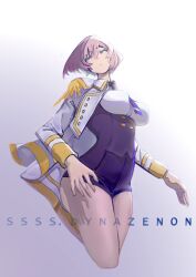  1girl blue_eyes bob_cut boots breasts brown_hair corset english_text gloves gridman_universe jacket looking_to_the_side military_jacket military_uniform mujina necktie purple_corset purple_necktie purple_shorts short_hair shorts simple_background ssss.dynazenon tassel thick_thighs thighs underbust user_svvy8438 white_jacket 
